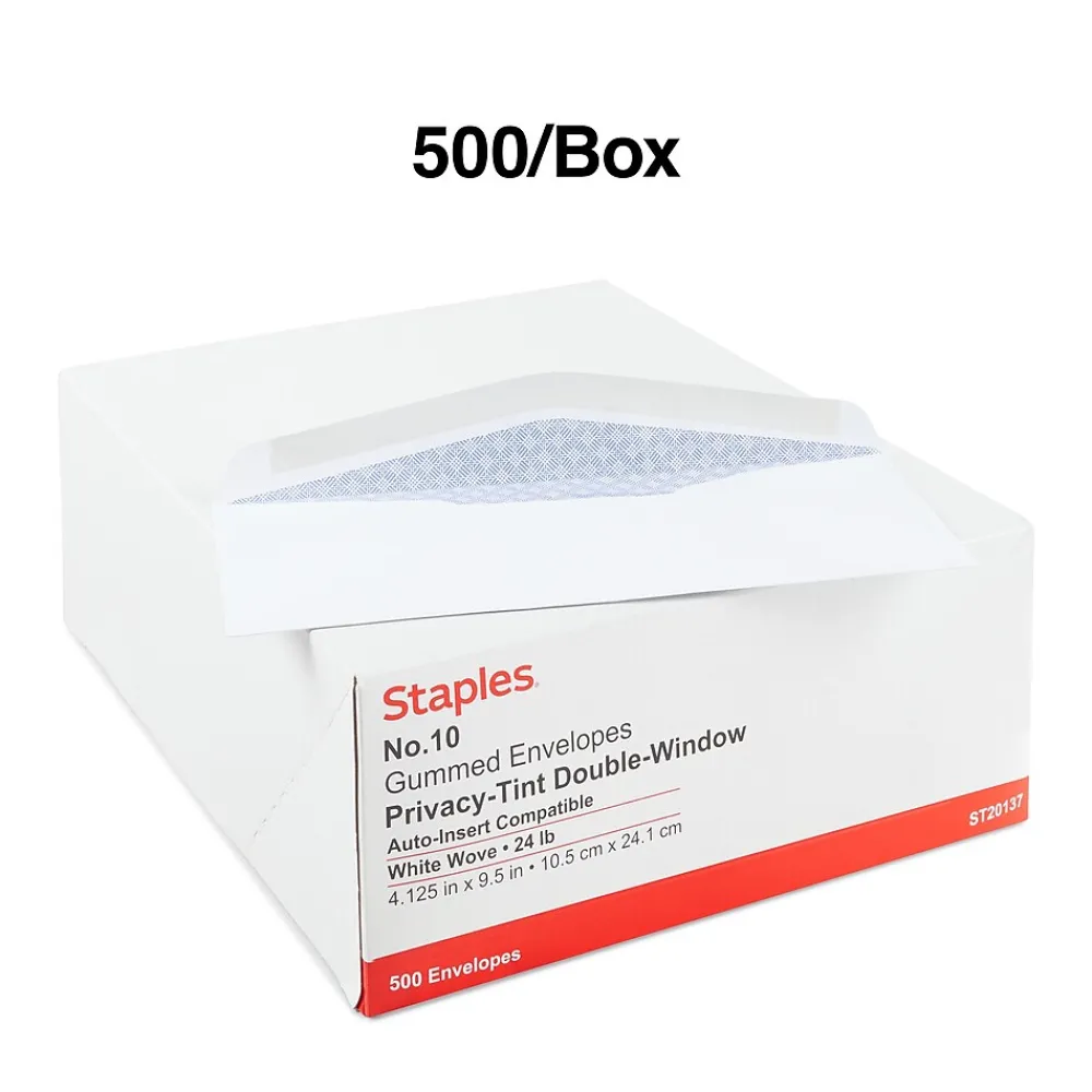 New Staples Security Tinted #10 Double Window Envelopes, 4 1/8" x 9 1/2", White, 500/Box (ST20137)