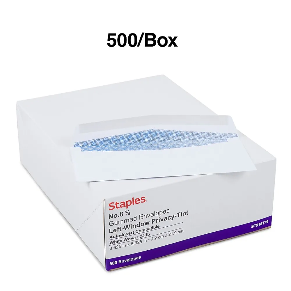 Outlet Staples Security Tinted #8 5/8 Business Envelopes, 3 5/8" x 8 5/8", White, 500/Box (918179/19410)