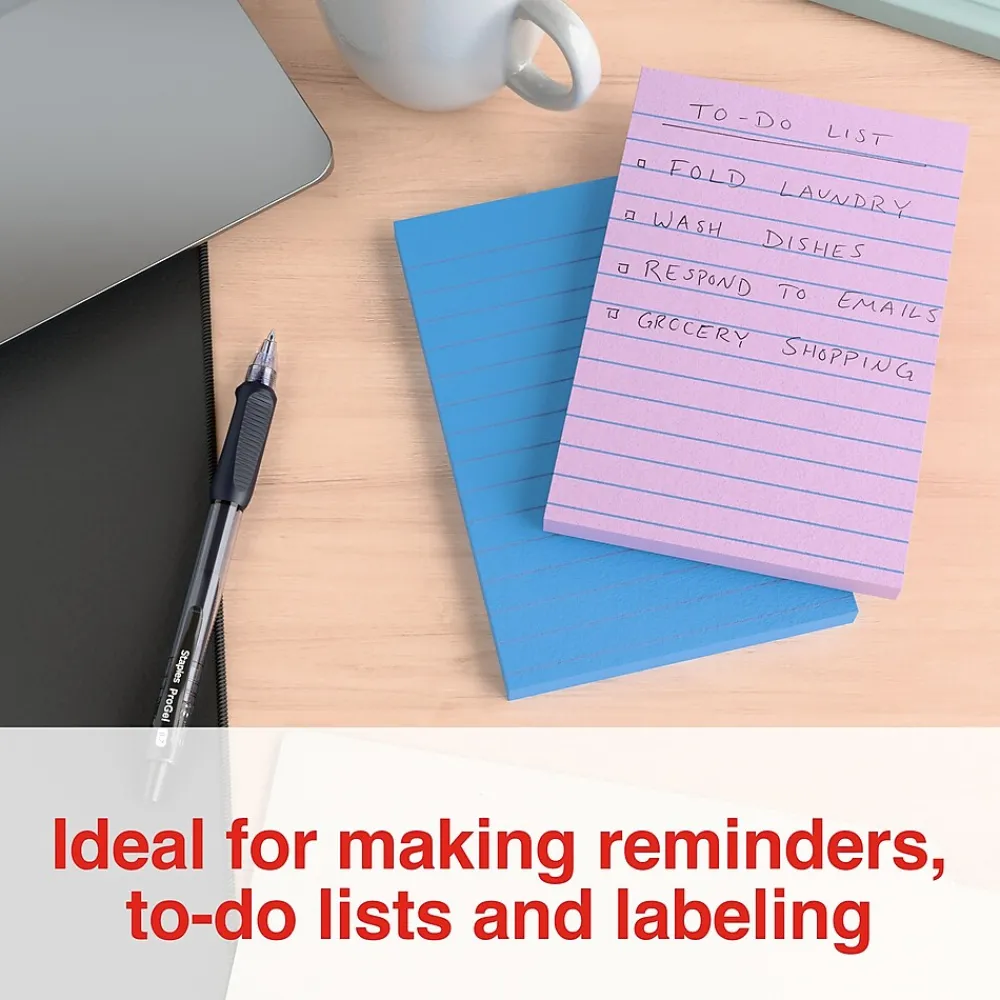 Sticky Notes*Staples Stickies Standard Notes, 4" x 6" Assorted, 100 Sheets/Pad, 5 Pads/Pack (S-46WC5/52573)