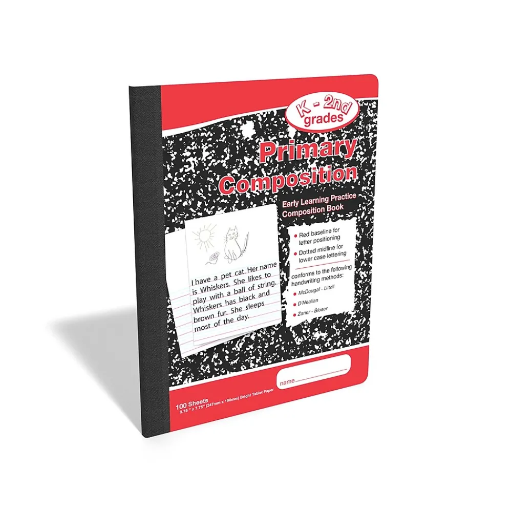 Composition Notebooks|Staples 1-Subject Composition Notebooks, 7.5" x 9.75", Primary Ruled, 100 Sheets, Black/Red (42079C)