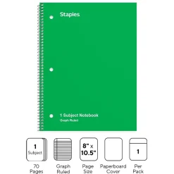 Subject Notebooks|Staples 1-Subject Notebook, 8" x 10.5", Graph Ruled, 70 Sheets, (ST23987C) Green
