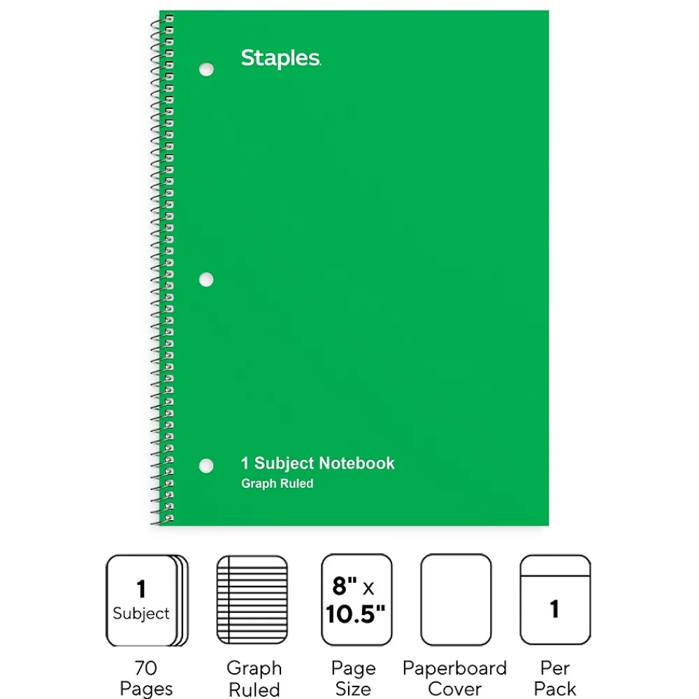 Subject Notebooks|Staples 1-Subject Notebook, 8" x 10.5", Graph Ruled, 70 Sheets, (ST23987C) Green
