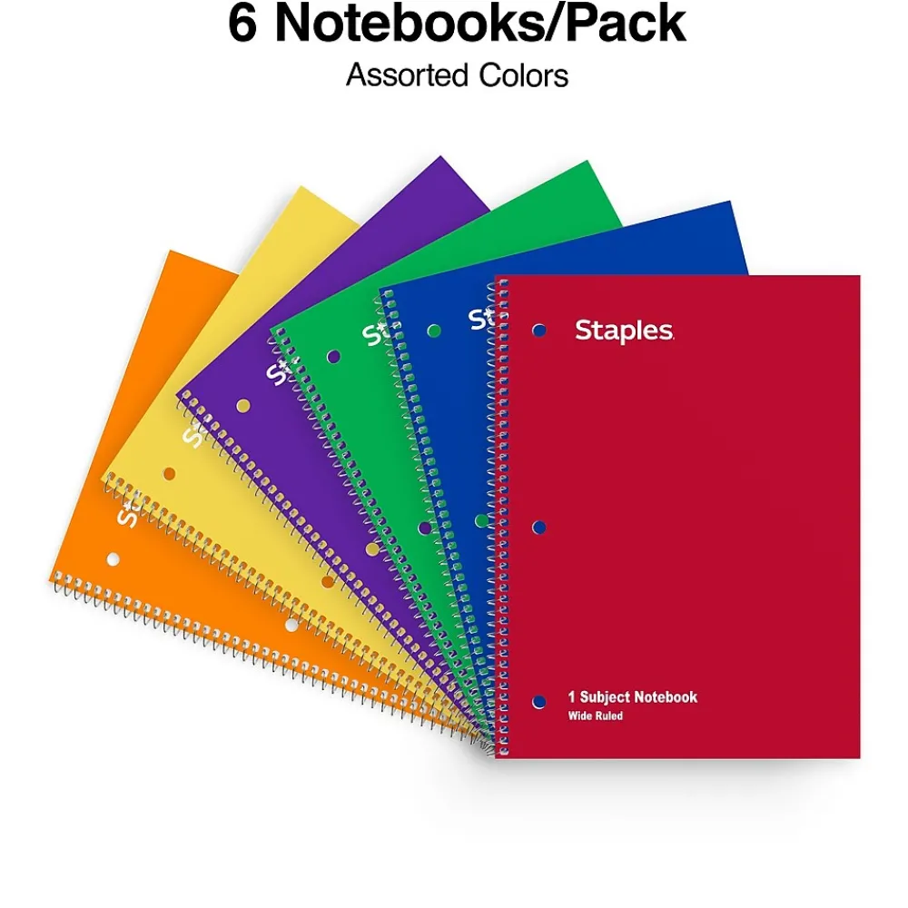 Subject Notebooks|Staples 1-Subject Notebooks, 8" x 10.5", Wide Ruled, 70 Sheets, Assorted Colors, 6/Pack (ST11667C)