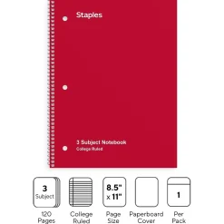 Subject Notebooks|Staples ® 3-Subject Subject Notebooks, 8.5" x 11", College Ruled, 150 Sheets, Assorted (27524M)