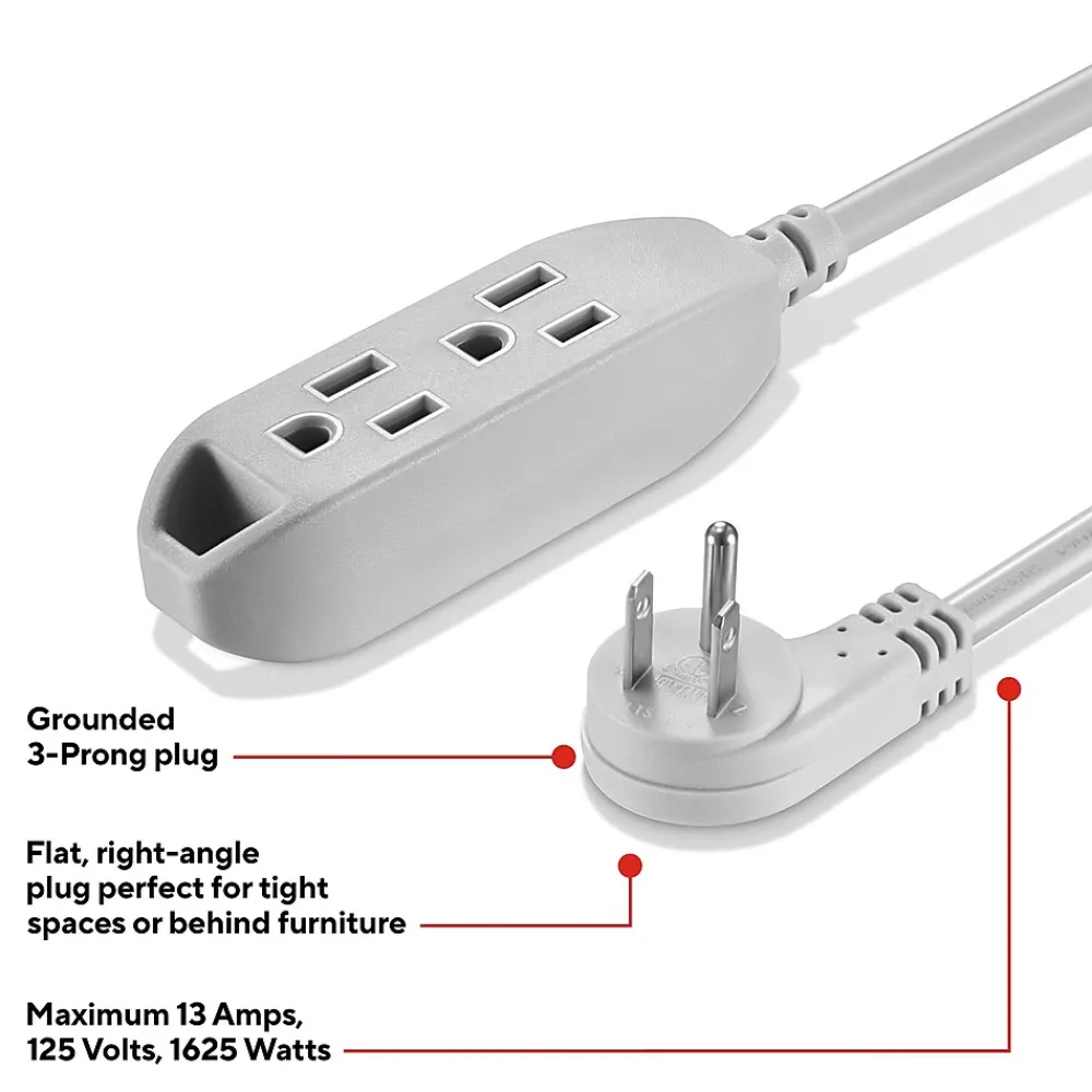 Staples TECH 25' Extension Cord, 3-Outlet, 16 AWG, Gray, 2/Pack (ST62346)
