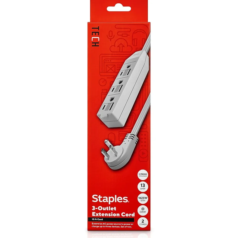 Staples TECH 15' Extension Cord, 3-Outlet, 16 AWG, Gray, 2/Pack (ST62347)