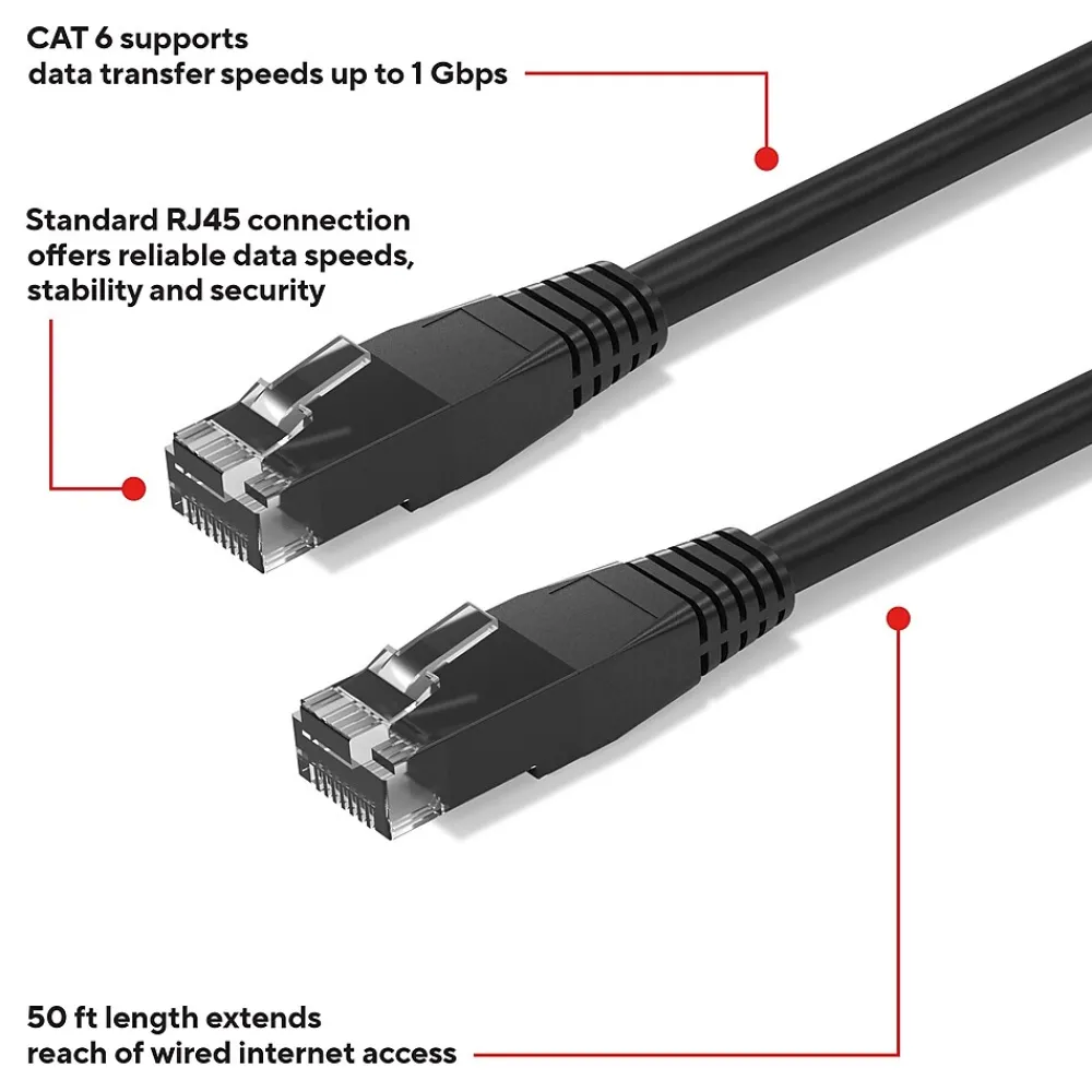 Staples TECH 50 ft. Cat-6 Ethernet Cable, Male to Male, Black, 10/Pack (ST62459)