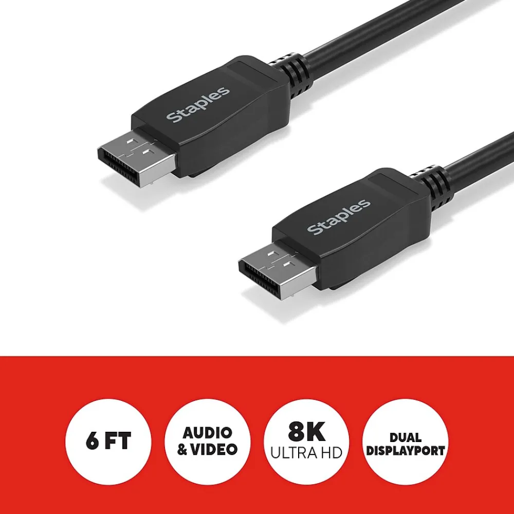 Staples TECH 6 ft. Display Port to Display Port Audio/Video Cable, Male to Male, Black (ST62474)