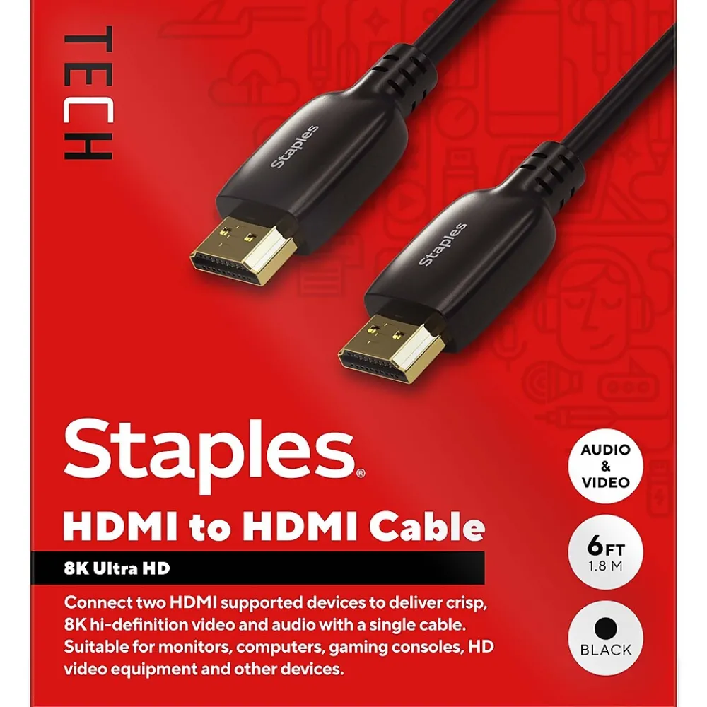 Staples TECH 6 ft. HDMI to HDMI Audio/Video Cable, Male to Male, Black (ST62477)