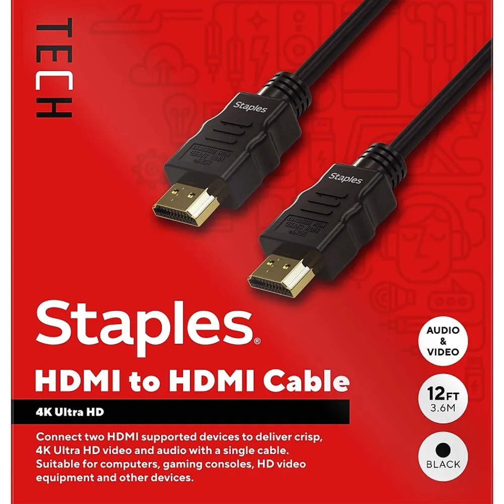 Staples TECH 12 ft. HDMI to HDMI Audio/Video Cable, Male to Male, Black (ST62465)