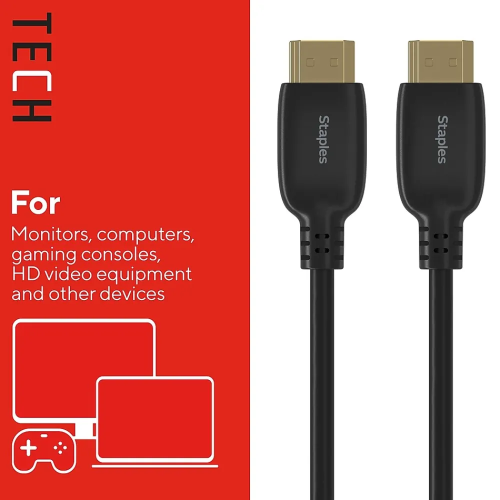Staples TECH 4 ft. HDMI to HDMI Audio/Video Cable, Male to Male, Black, 2/Pack (ST62478)