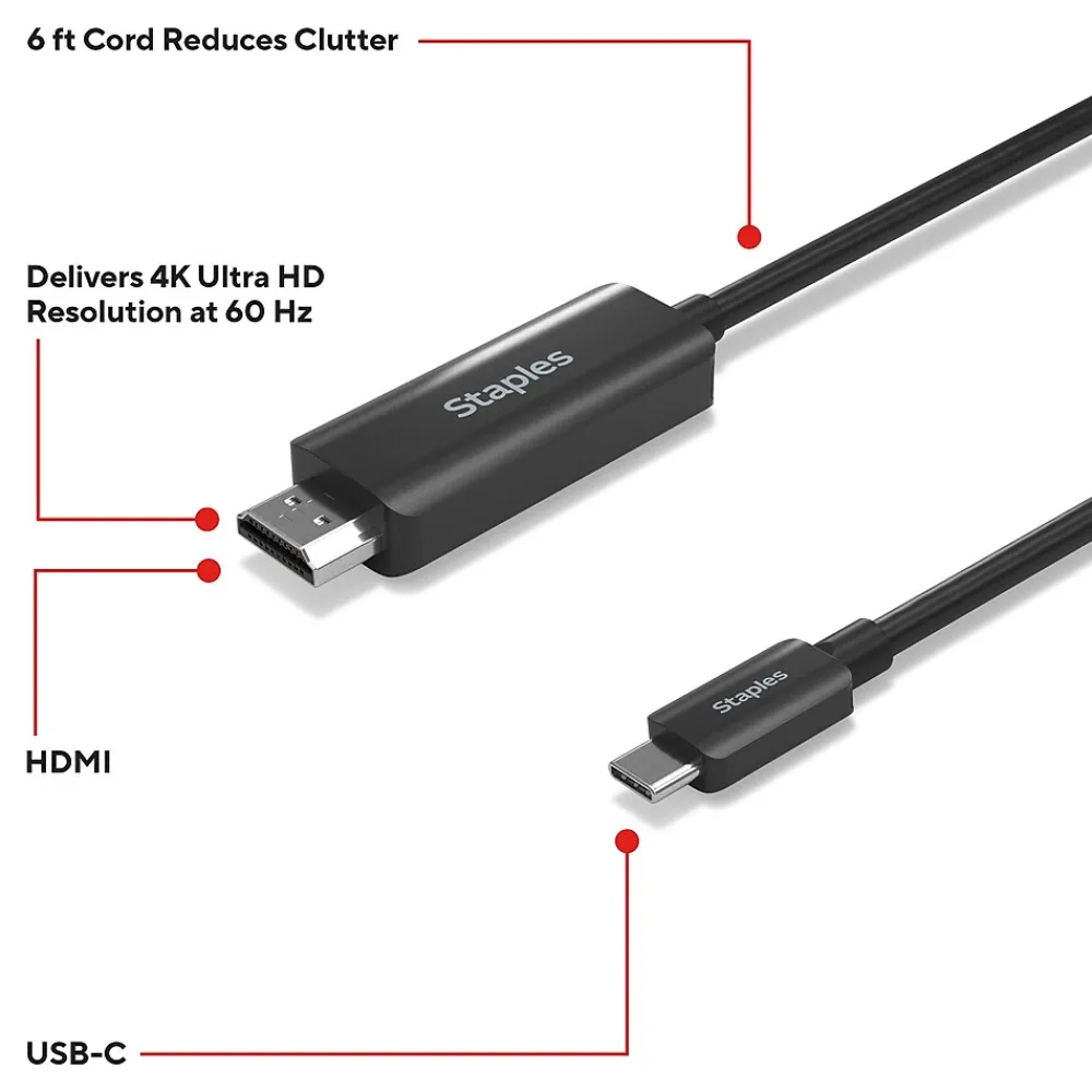 Staples TECH 6 ft. USB-C to HDMI Audio/Video Cable, Male to Male, Black (ST62472)