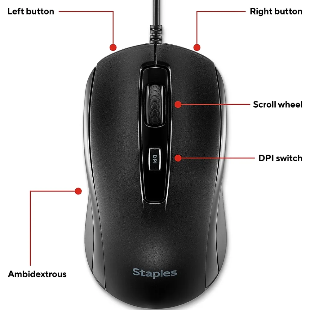 Outlet Staples TECH Ambidextrous Optical USB Mouse, Black (ST62598)