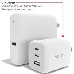 GaN USB-A/USB-C Wall Charger with Cable, 65W, White (ST62326)<Staples TECH