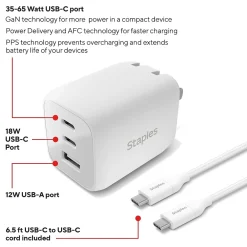 GaN USB-A/USB-C Wall Charger with Cable, 65W, White (ST62326)<Staples TECH