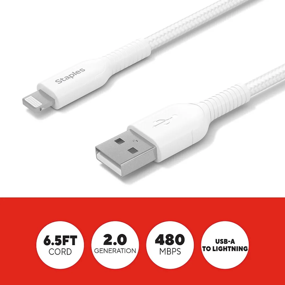 Lightning to USB-A Charging Cable, 6.6 ft., White (ST62331)<Staples TECH Hot