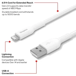 Lightning to USB-A Charging Cable, 6.6 ft., White (ST62331)<Staples TECH Hot