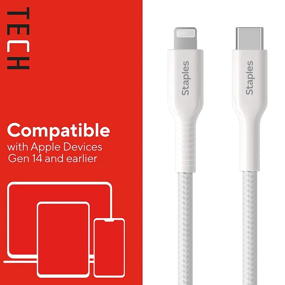 Lightning to USB-C Charging Cable, 6.5 ft., White (ST62333)<Staples TECH Hot