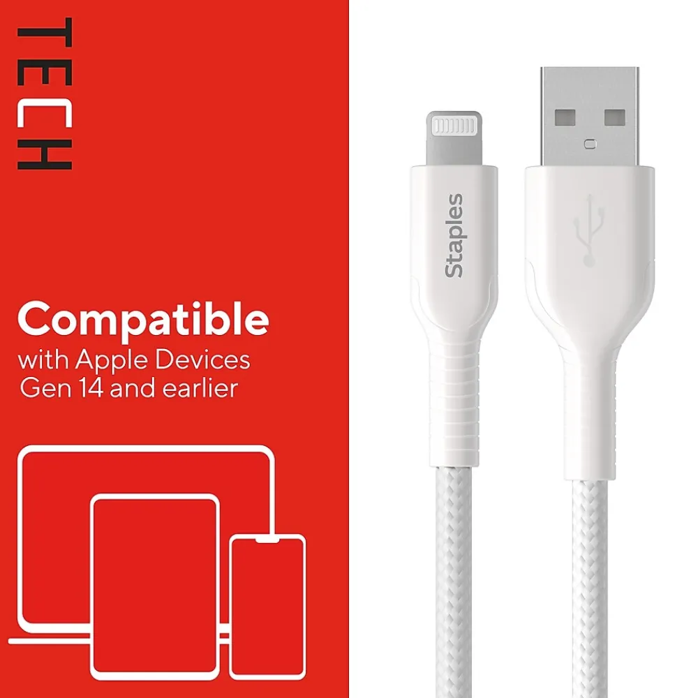 Lightning to USB-A Charging Cable, 3.3 ft., White (ST62329)<Staples TECH Clearance