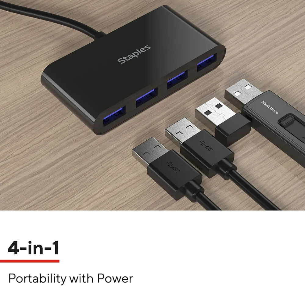 Staples TECH 4-Port USB 2.0 Hub, Black (ST62379)