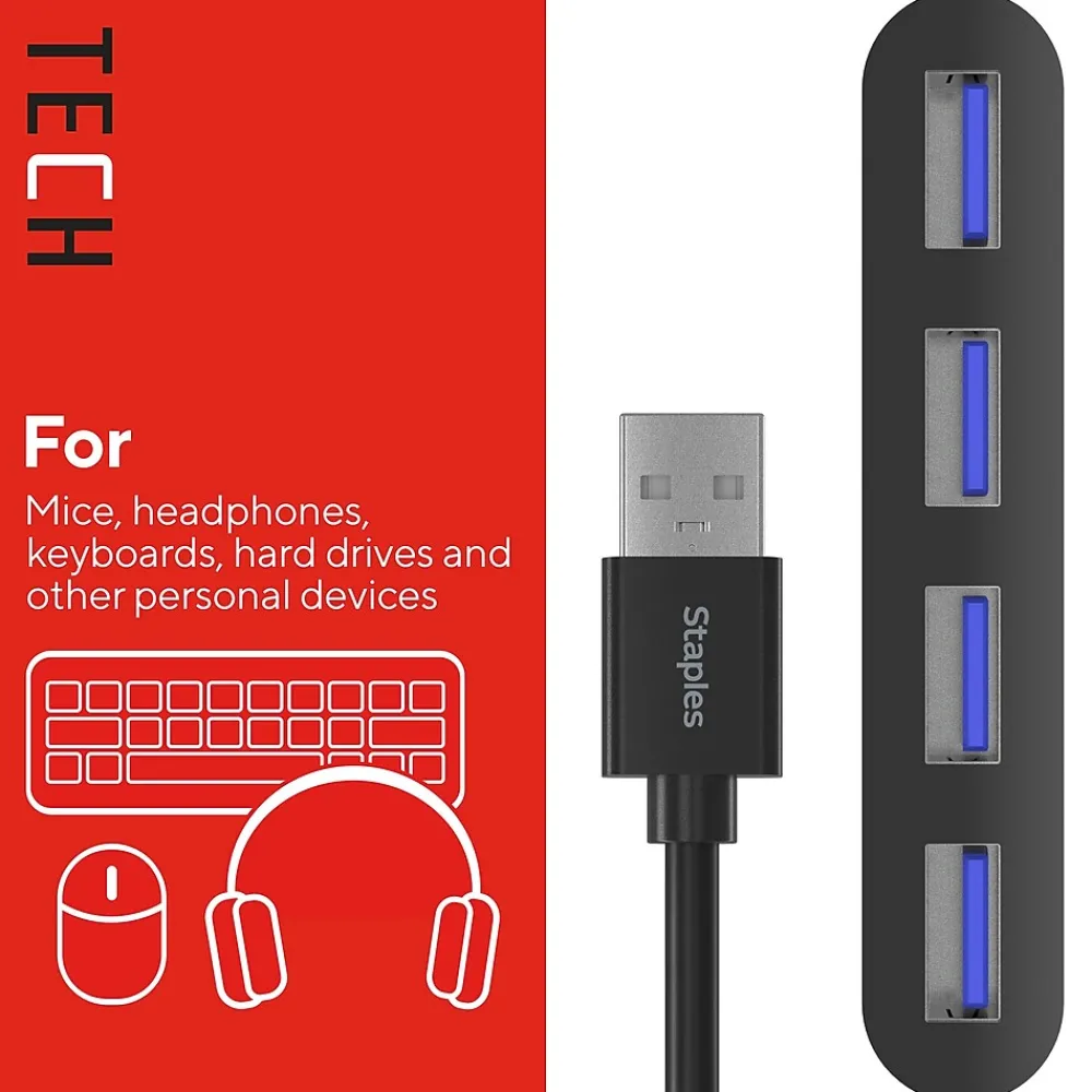 Staples TECH 4-Port USB 2.0 Hub, Black (ST62379)