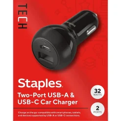 USB-A/USB-C Car Charger, 32W, Black (ST62340)<Staples TECH Hot