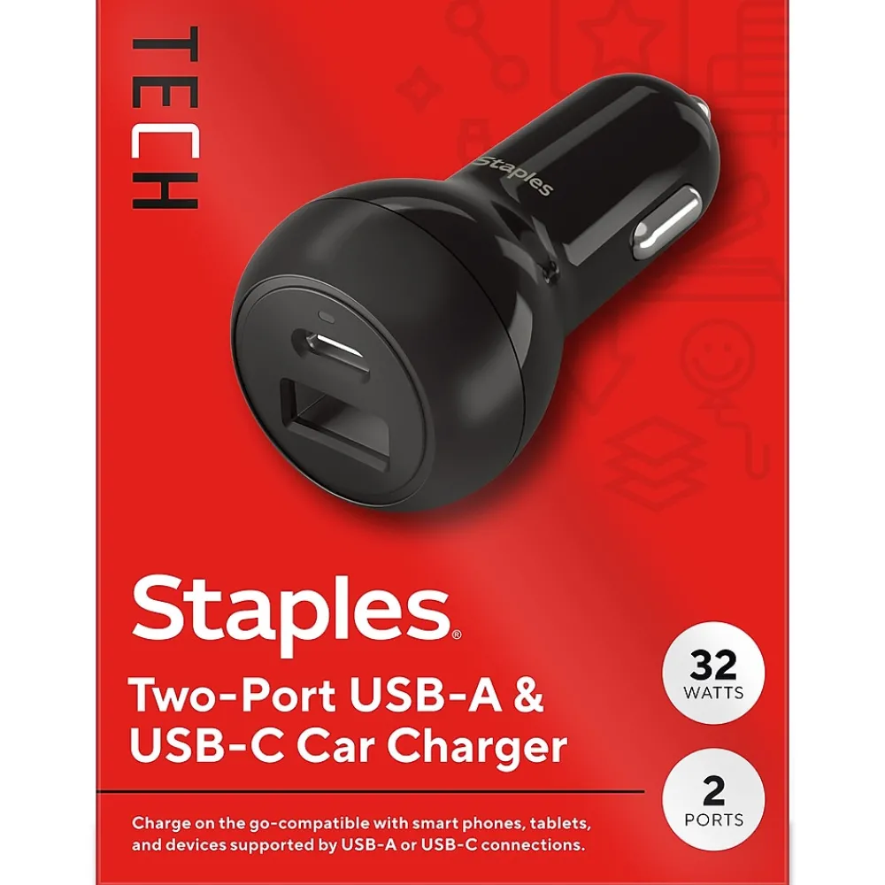 USB-A/USB-C Car Charger, 32W, Black (ST62340)<Staples TECH Outlet