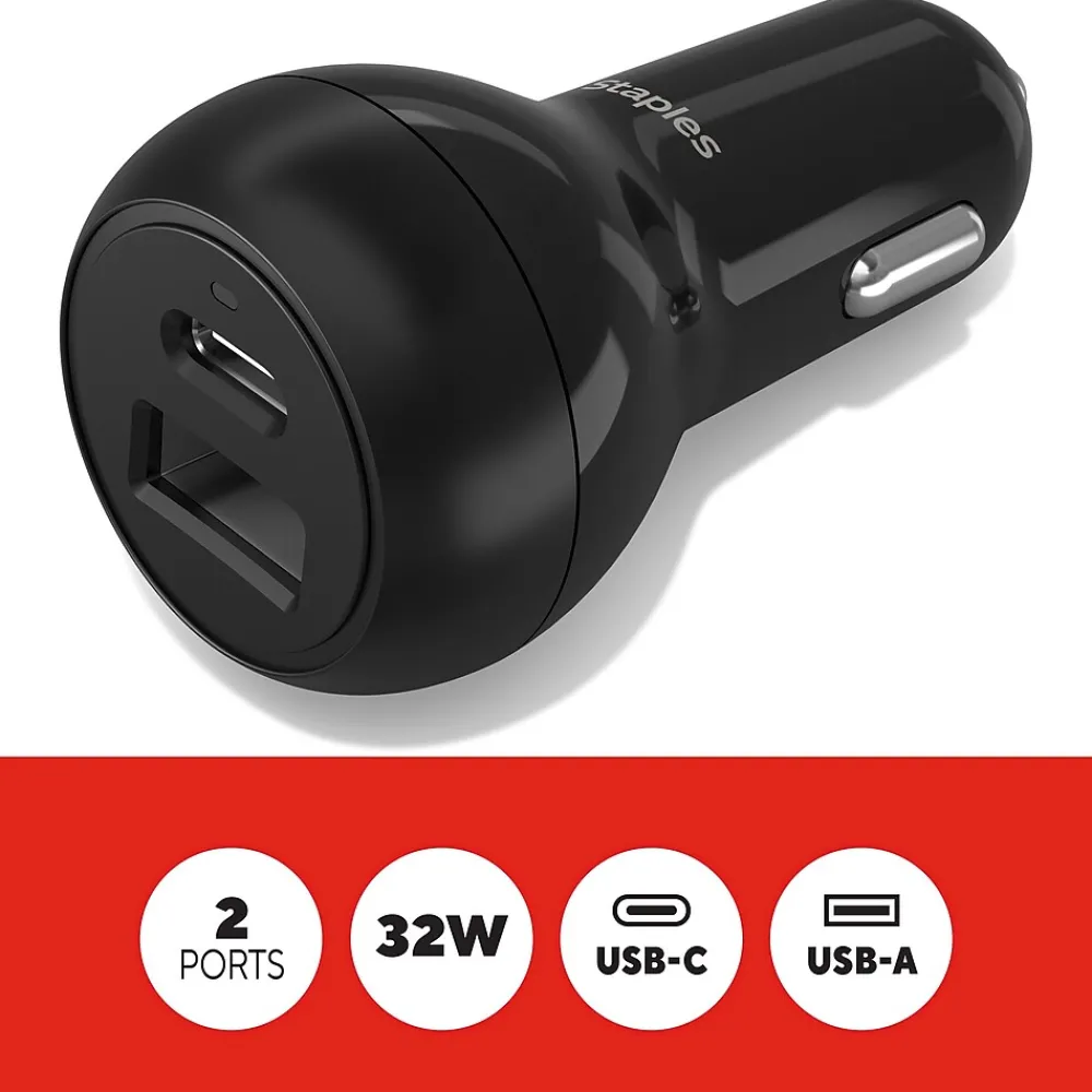 USB-A/USB-C Car Charger, 32W, Black (ST62340)<Staples TECH Outlet