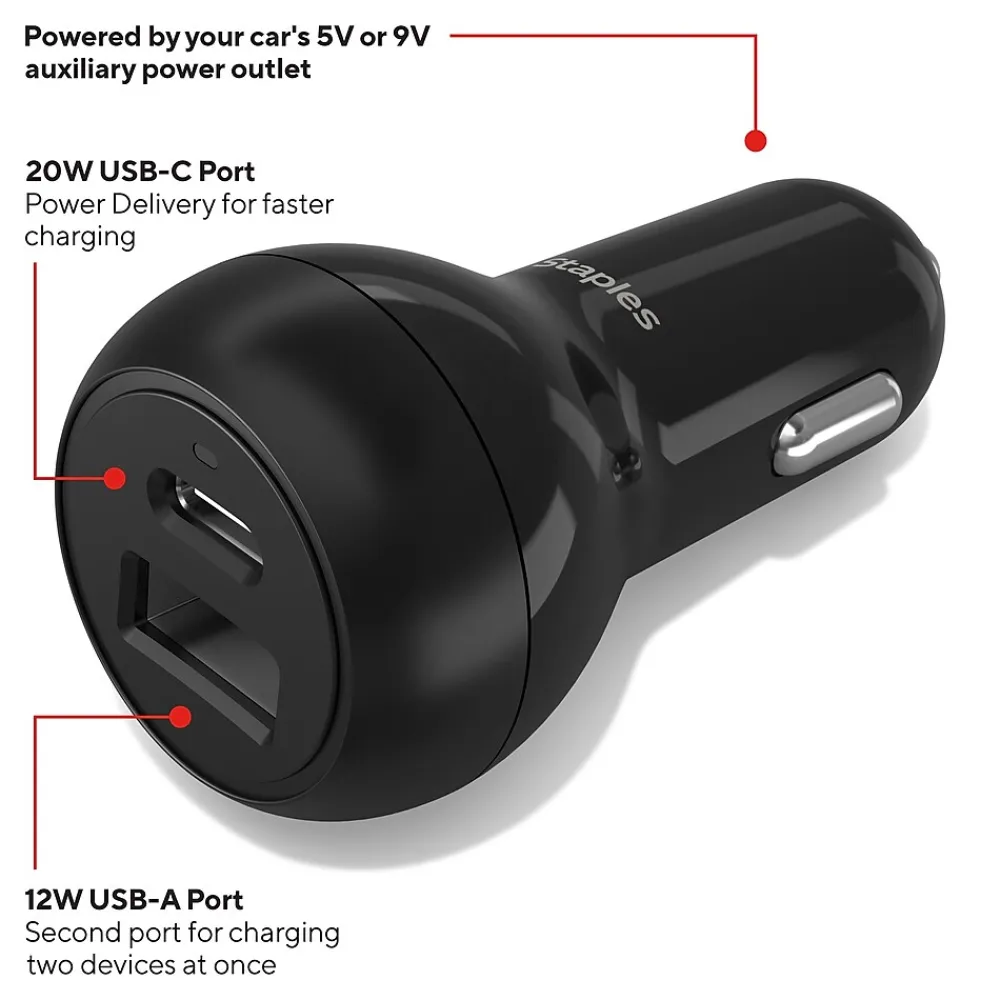 USB-A/USB-C Car Charger, 32W, Black (ST62340)<Staples TECH Outlet