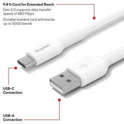 USB-C to USB-A Charging Cable, 9.8 ft., White (ST62339)<Staples TECH Online
