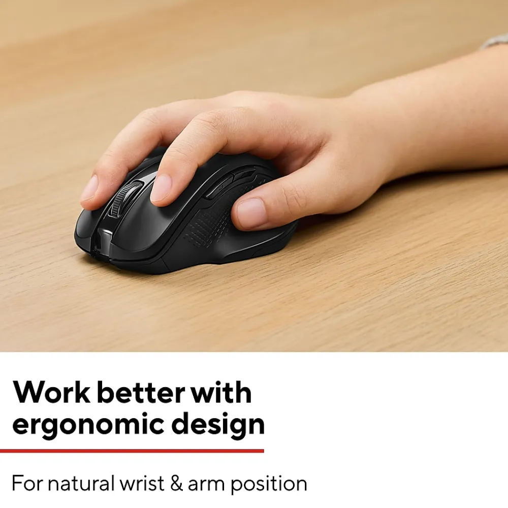 Clearance Staples TECH Wireless Ergonomic Curved Optical USB Mouse, Black (ST62599)