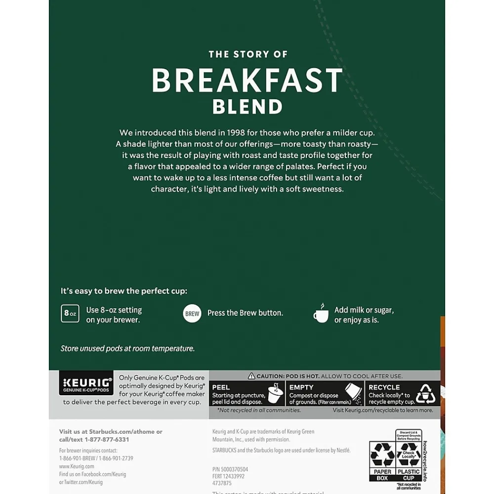 Starbucks Breakfast Blend Coffee Keurig® K-Cup® Pods, Medium Roast, 24/Box (SBK18995)