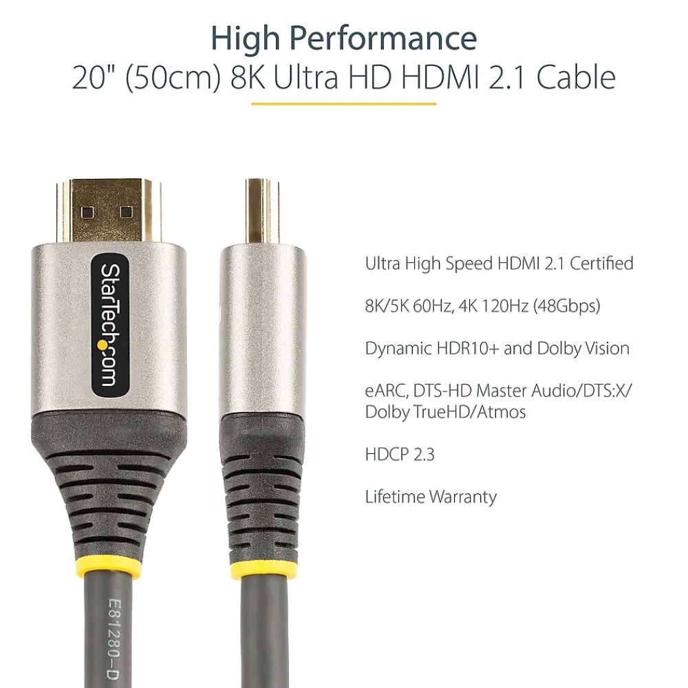 StarTech 20" HDMI 2.1 Cable, Certified Ultra High Speed 8K HDMI Cable (HDMM21V50CM)