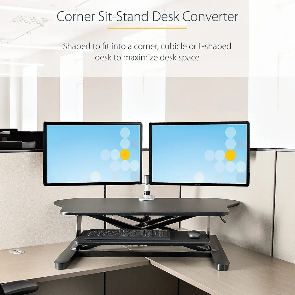 Standing Desks*StarTech Adjustable Large Surface Corner Sit Stand Desk Converter for Dual Monitors, Keyboard Tray, 35" x 21" (ARMSTSCORNR)