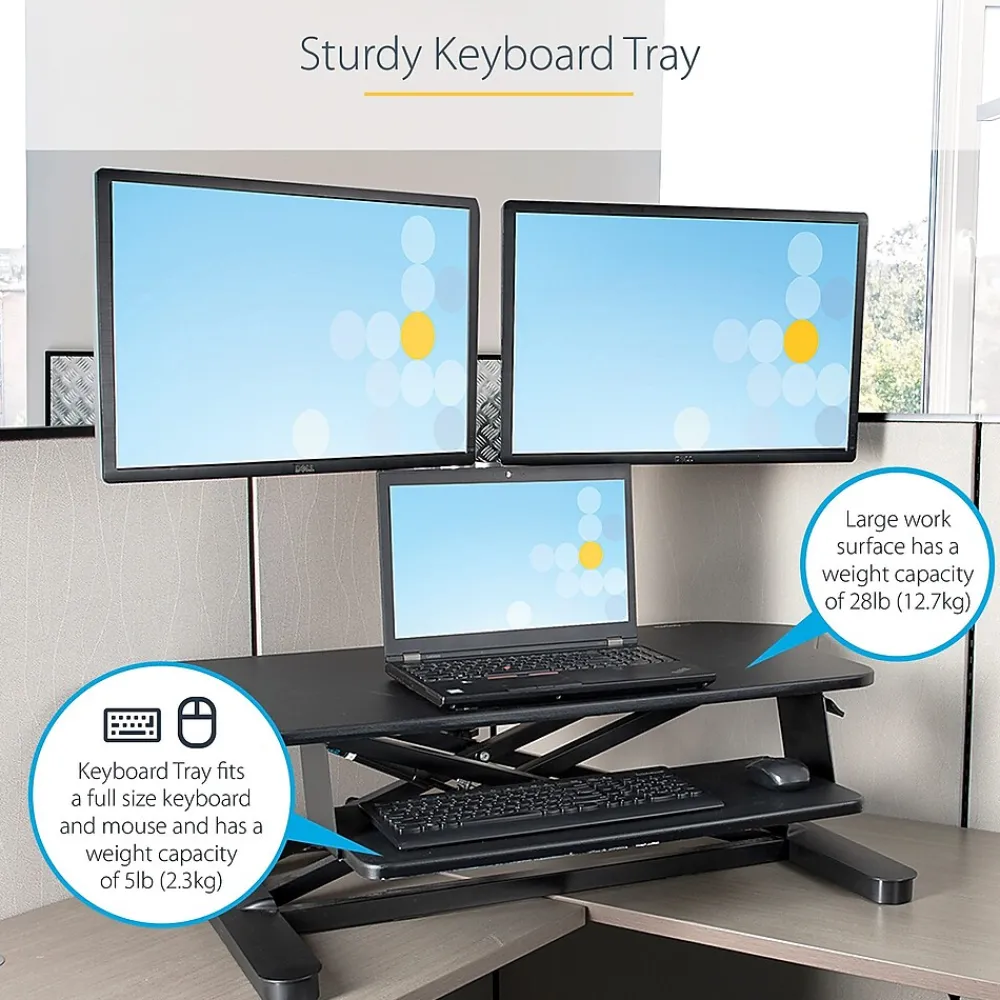 Standing Desks*StarTech Adjustable Large Surface Corner Sit Stand Desk Converter for Dual Monitors, Keyboard Tray, 35" x 21" (ARMSTSCORNR)
