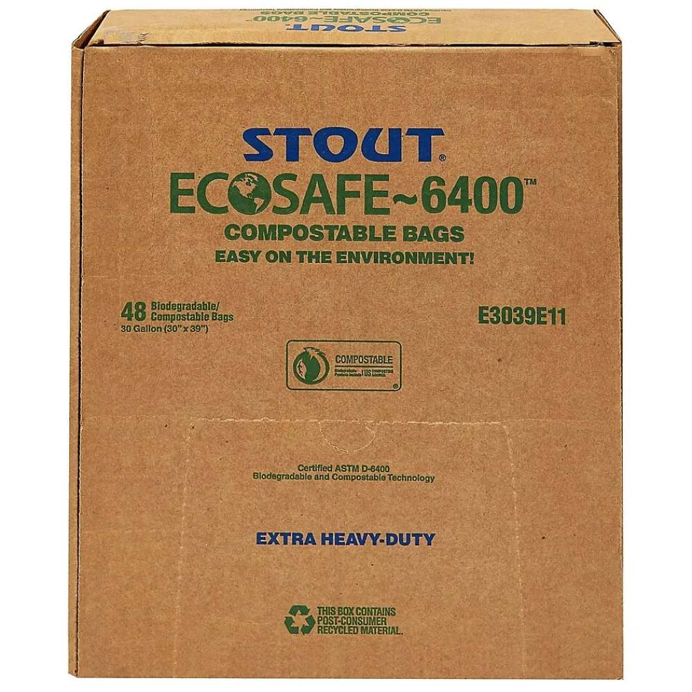 EcoSafe-6400 64 Gallon Compostable Industrial Trash Bag, 48" x 60", Low Density, 0.85 mil, Green, 30 Bags/Box<Stout Outlet