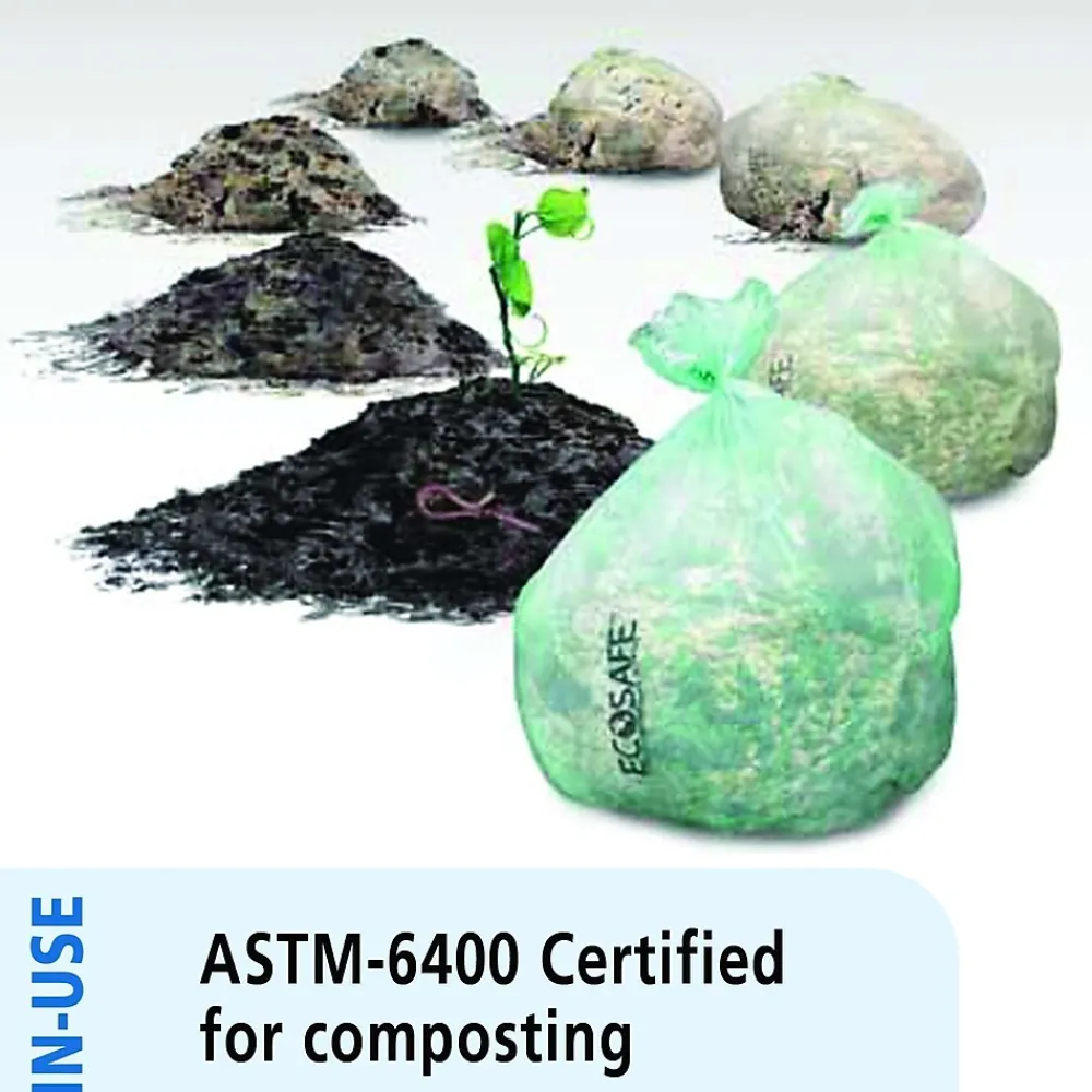 EcoSafe-6400 64 Gallon Compostable Industrial Trash Bag, 48" x 60", Low Density, 0.85 mil, Green, 30 Bags/Box<Stout Outlet