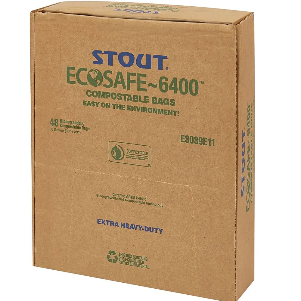 EcoSafe-6400 13 Gallon Industrial Trash Bag, 24" x 30", Low Density, 0.85 mil, Green, 45 Bags/Box, 3 Rolls<Stout New