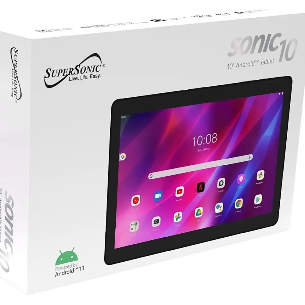 Sonic10 10.1" Tablet with Detachable Keyboard, WiFi, 32GB Storage, Android 13, Black (SC-3110)<Supersonic Online