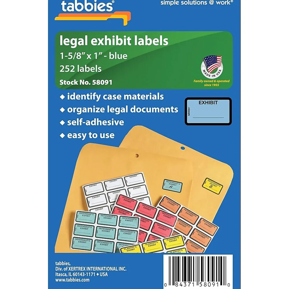 Labels|Tabbies Pre-Printed Labels - Defendant's Exhibit, Self-Adhesive, 1x1-5/8", Blue, 252 Labels/Pack (58093)