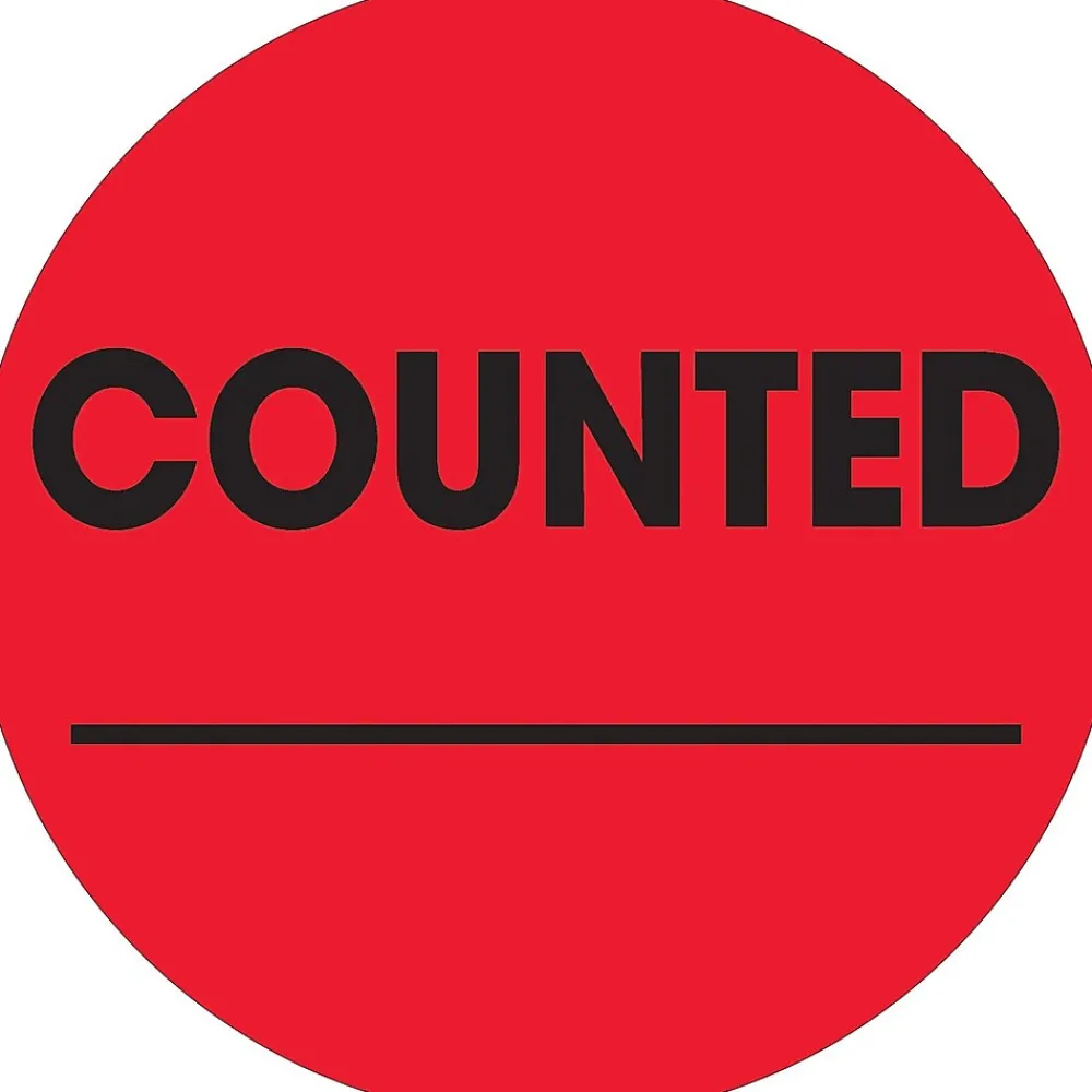 Labels|Tape Logic 2" Circle "Counted" Inventory Label, Fluorescent Red, 500/Roll (DL1270)