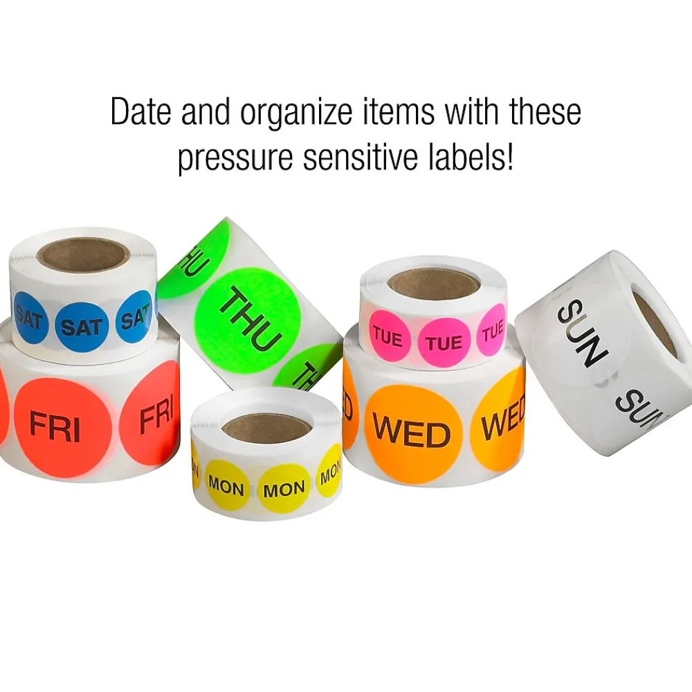 Labels|Tape Logic 1" Circle "MON" Days of the Week Label, Fluorescent Yellow, 500/Roll
