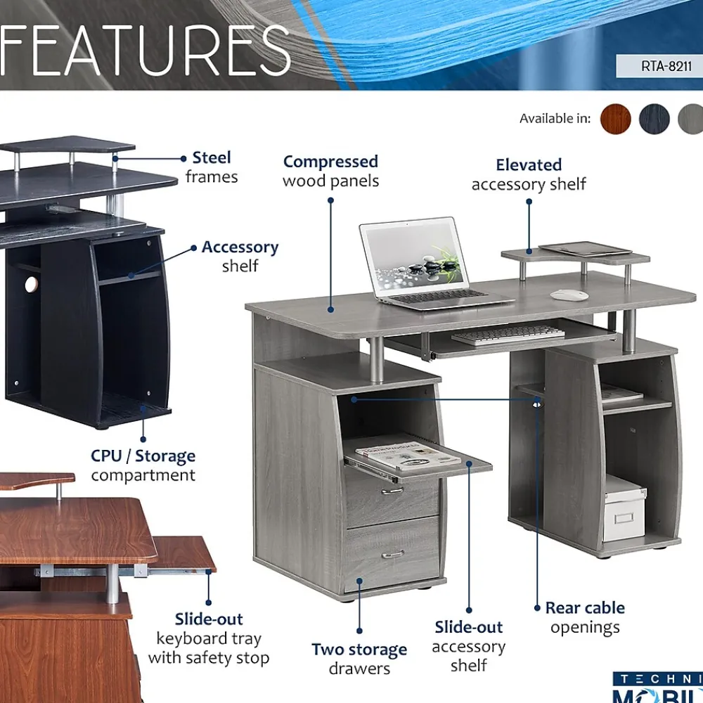Corner Desks*Techni Mobili Complete Computer Workstation Desk With Storage, Gray (RTA-8211-GRY)