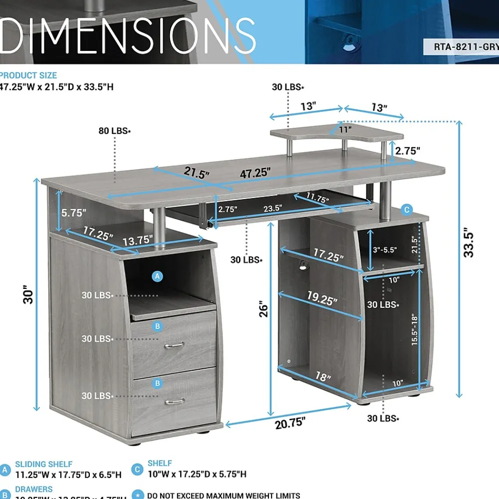 Corner Desks*Techni Mobili Complete Computer Workstation Desk With Storage, Gray (RTA-8211-GRY)