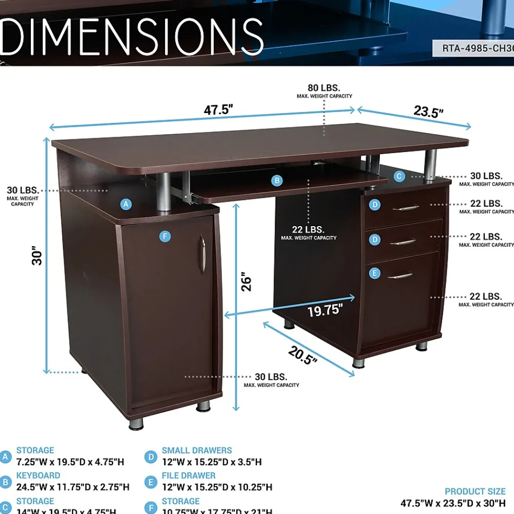 Corner Desks*Techni Mobili 47"W Computer Desk, Chocolate (RTA-4985-CH36)