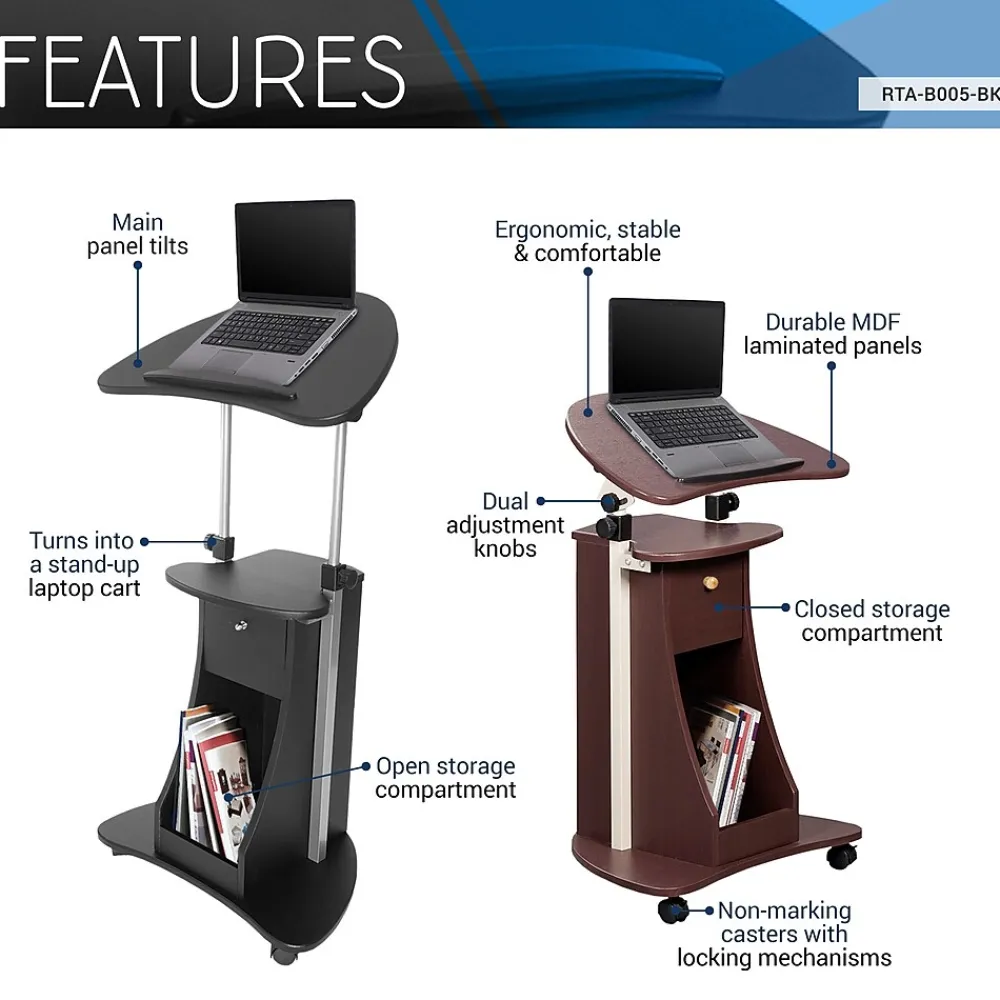 Standing Desks*Techni Mobili 22"W Manual Adjustable Standing Laptop Cart, (RTA-B005-BK46) Black