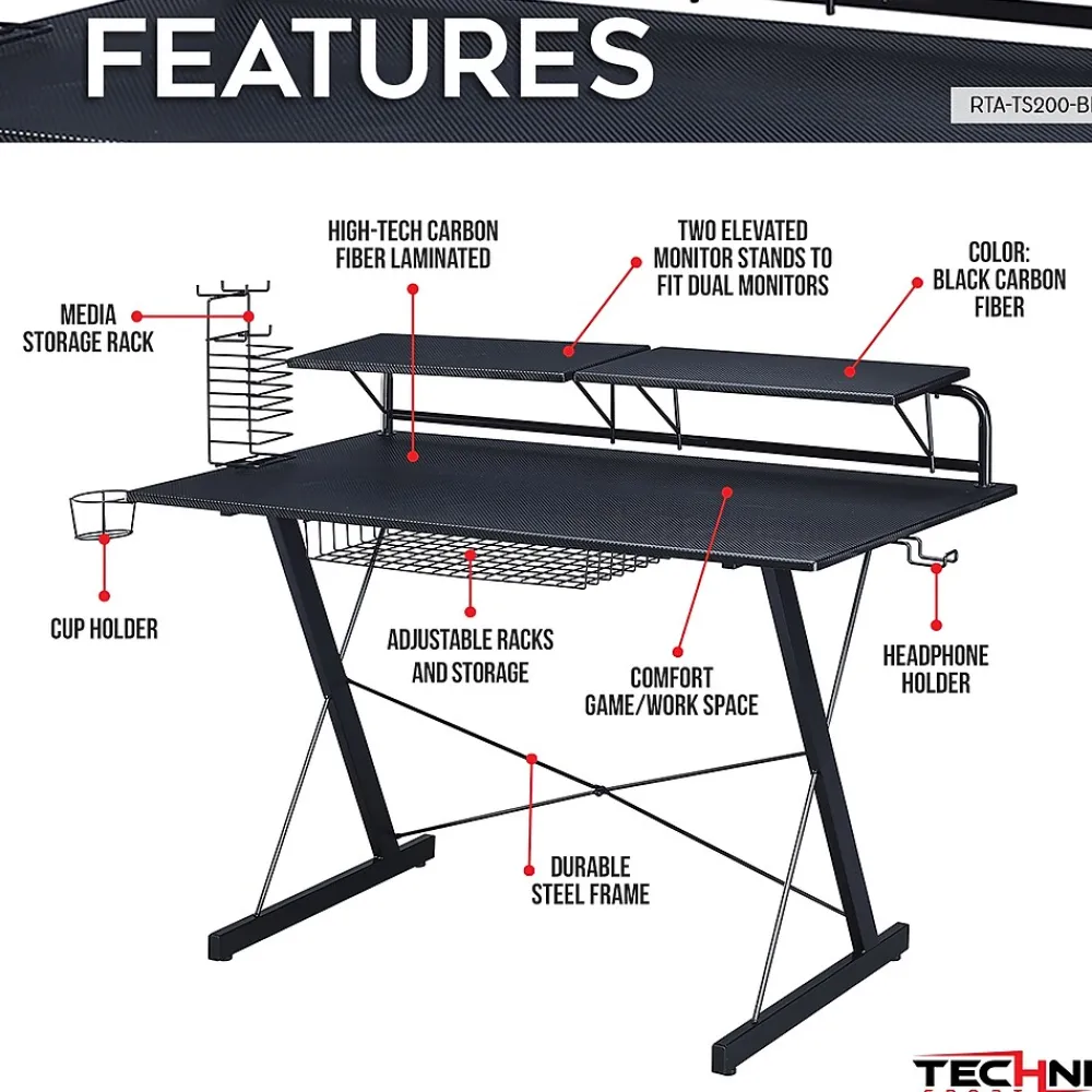 Corner Desks*Techni Sport Carbon Computer Gaming Desk with Shelving, Black (RTA-TS200-BK)