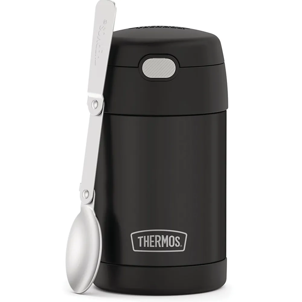 Lunch Totes & Water Bottles|Thermos FUNtainer Stainless Steel Vacuum-Insulated Food Jar with Folding Spoon, 16-Oz., Black Matte (F31101BK6)