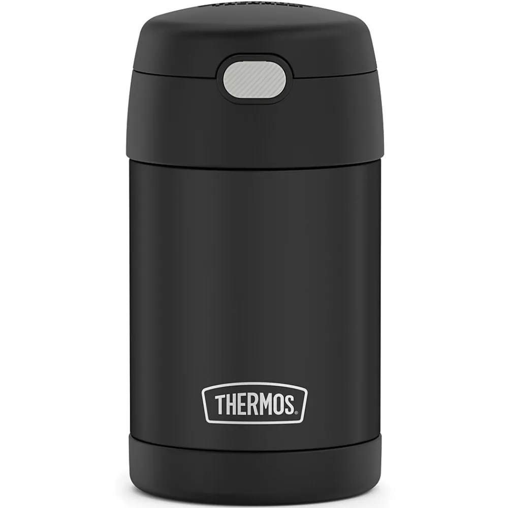 Lunch Totes & Water Bottles|Thermos FUNtainer Stainless Steel Vacuum-Insulated Food Jar with Folding Spoon, 16-Oz., Black Matte (F31101BK6)