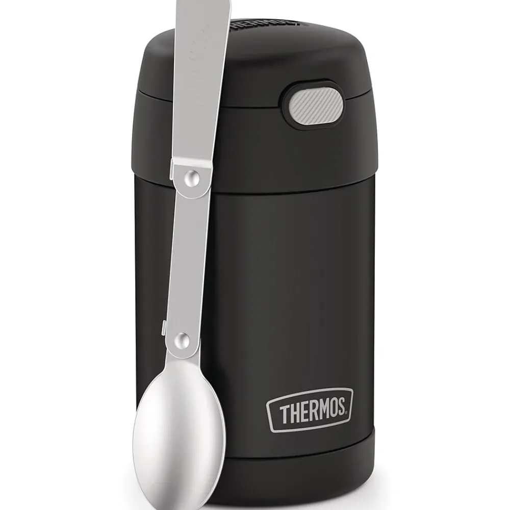 Lunch Totes & Water Bottles|Thermos FUNtainer Stainless Steel Vacuum-Insulated Food Jar with Folding Spoon, 16-Oz., Black Matte (F31101BK6)